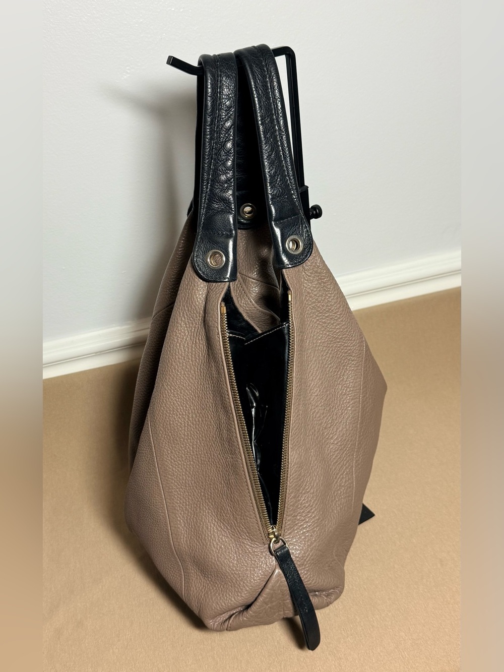 Furla Taupe Grey Pebbled Leather Hobo Shoulder Bag | Side Zip Expansion Panels - Picture 5 of 14